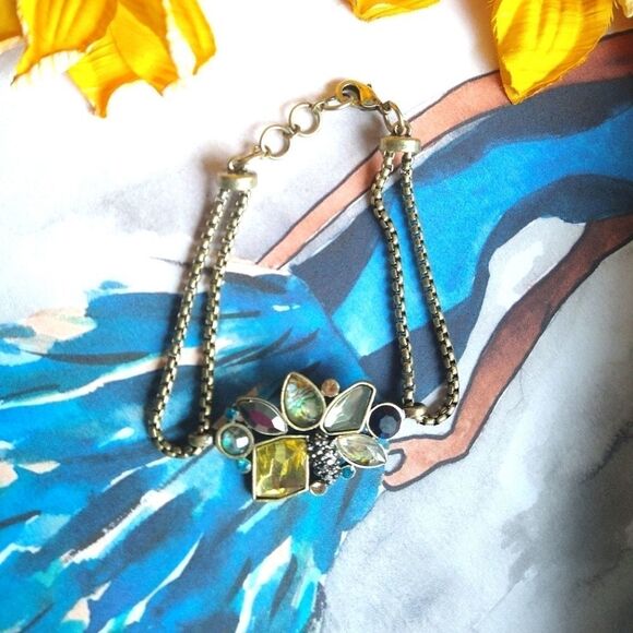 Blue Flower Crystal Rhinestone Vintage Gold Statement Bracelet - Picture 5 of 8